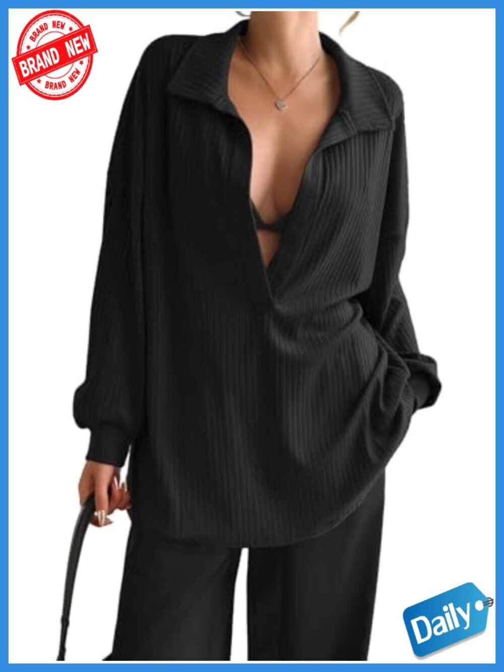 Oversized Deep V Neck Sweatshirt Long Sleeve Ribbed Knit Pullover